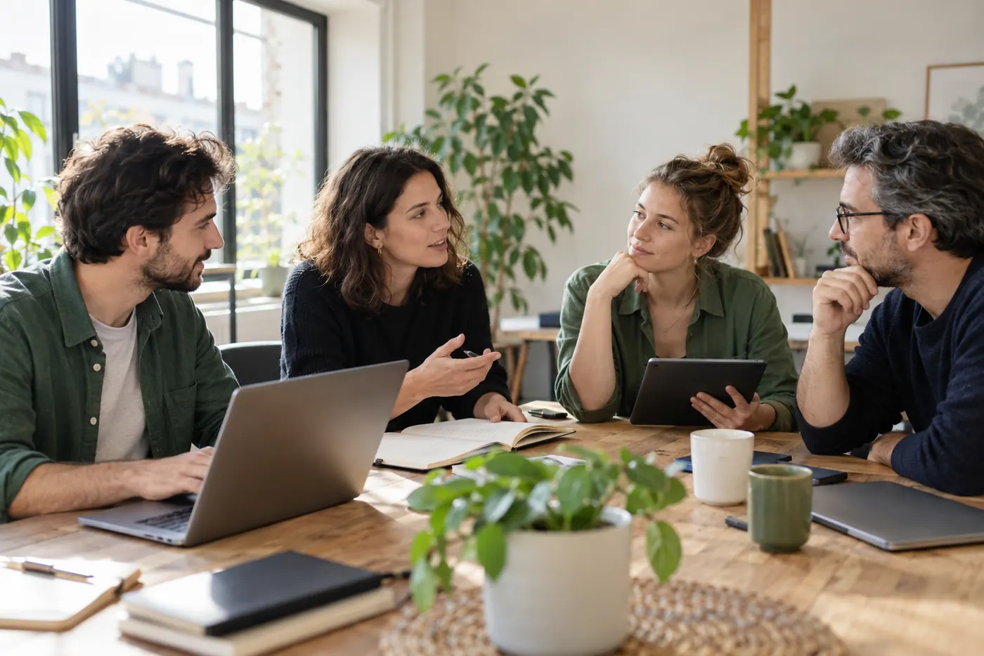 Quatre professionnels échangent autour d’une table dans un espace de travail, métiers accompagnés en portage salarial par KIRK