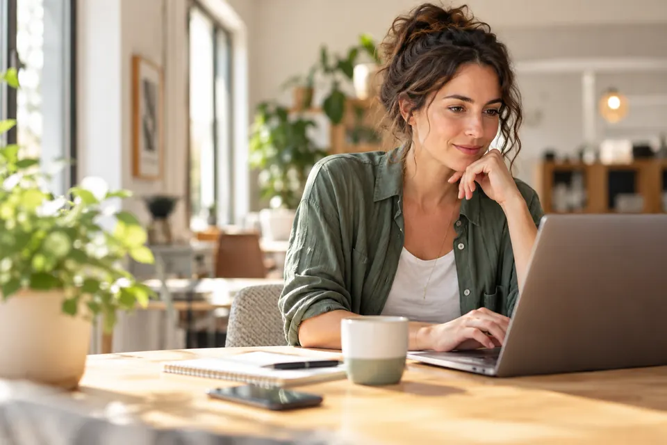 Consultante freelance travaillant sur un ordinateur portable dans un espace de coworking, portage salarial KIRK